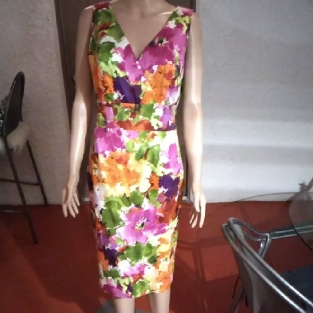 Spiegel Pink and Orange Sheath Midi Dress V-Neck Sleeveless
